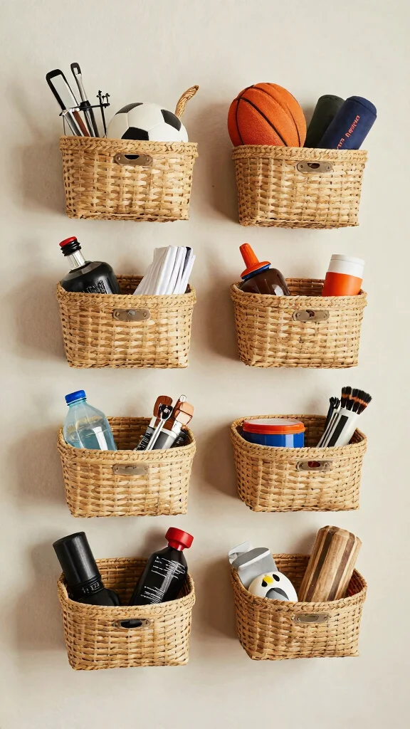 13 Basement Storage Room Ideas for a Functional Organized Space - 10. Wall-Mounted Storage Baskets 1