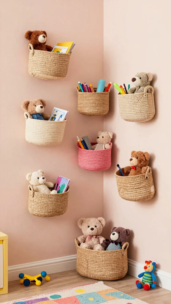 13 Kids Room Storage Ideas for a Tidy Fun Organized Space - 1. Whimsical Wall-Mounted Baskets 1