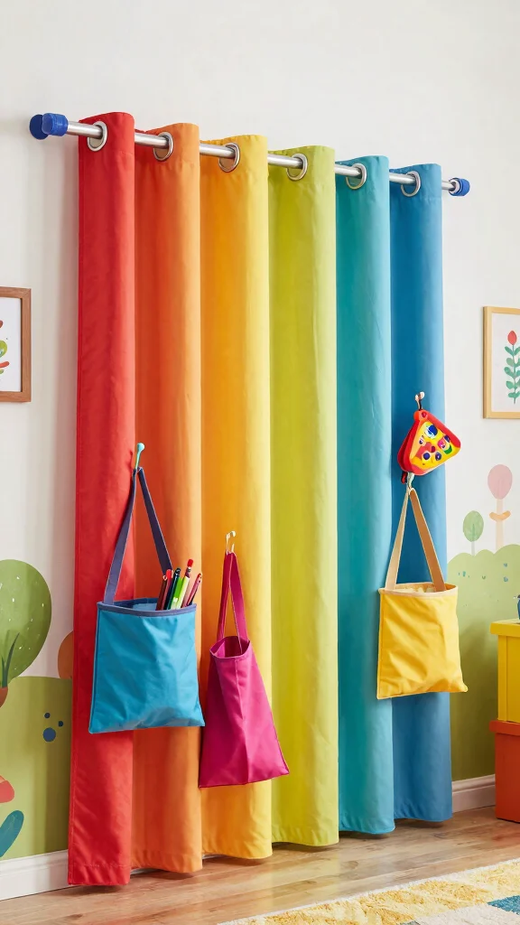 13 Kids Room Storage Ideas for a Tidy Fun Organized Space - 5. Playful Curtain Rod Storage 1