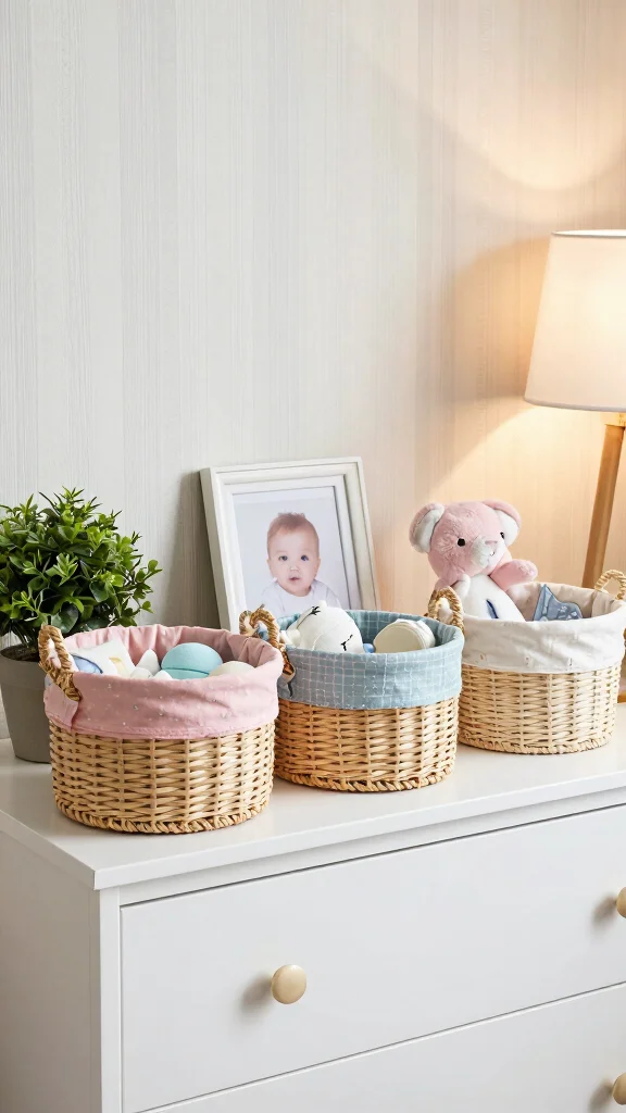 13 Nursery Dresser Organization Ideas for a Tidy Functional Baby Room - 2. Decorative Baskets for Easy Access 1