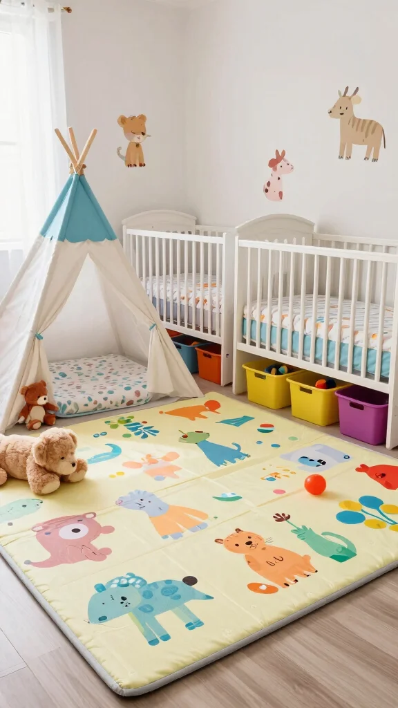 13 Nursery Ideas for Twins for a Functional Beautiful Shared Baby Room - 7. Integrated Play Areas for Twins 1