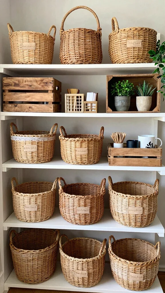 13 Shelf Storage Room Ideas for an Accessible Beautiful Organized Space - 5. Stylish Crates and Baskets 1