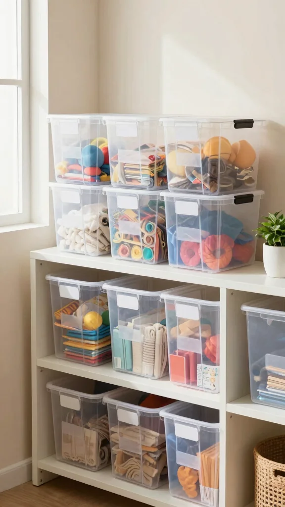 13 Storage Room Layout Ideas for Every Shape, Size, and Organization Style - 5. Clear Storage Bins for Visibility 1