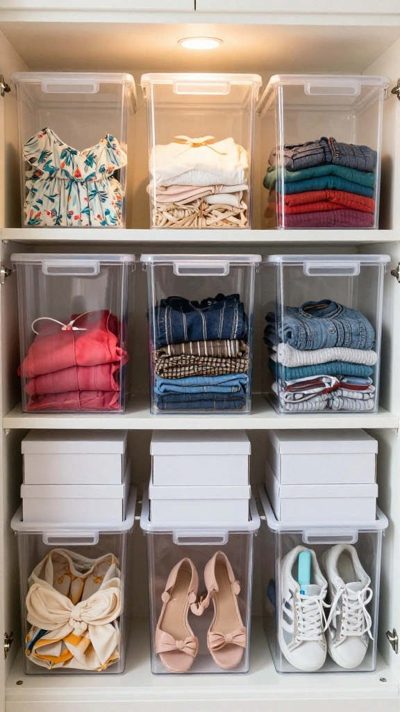 13 Storage Room for Clothes Ideas for a Tidy Organized Wardrobe Space - 3. Use Clear Storage Bins for Visibility 1
