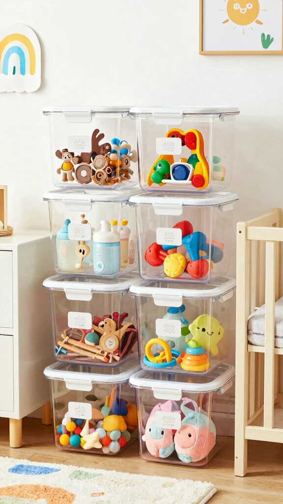 14 Nursery Storage Ideas for a Tidy Functional Beautiful Baby Room - 8. Clear Storage Containers 1